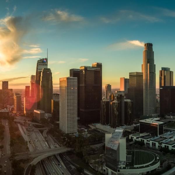 Downtown Los Angeles Skyline at sunset.